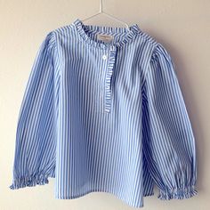 Beautiful Jcrew Blouse For Girls New With Tags White And Blue Stripes Striped Long Sleeve Top With Ruffles, Cute Light Blue Cotton Blouse, Cute Long Sleeve Blue Tops, Blue Long Sleeve Ruffled Shirt, Striped Crew Neck Cotton Blouse, Striped Cotton Crew Neck Blouse, Cute Light Blue Shirt For Spring, Blue Crew Neck Top With Ruffles, Blue Ruffled Relaxed Fit Top