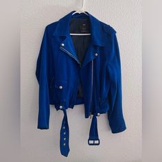 Acne Moto Jacket, Blue Suede, Size M. Used But In Good Condition. I Few Spots, Tiny Hole By Belt, Wear And Tear On Belt And Sleeves (As Shown In Photos). Trendy Blue Biker Jacket With Long Sleeves, Trendy Blue Long Sleeve Biker Jacket, Blue Casual Leather Jacket, Casual Blue Leather Jacket With Long Sleeves, Blue Trendy Leather Jacket For Spring, Casual Fitted Blue Biker Jacket, Casual Blue Long Sleeve Leather Jacket, Casual Blue Long Sleeve Biker Jacket, Blue Moto Outerwear With Long Sleeves