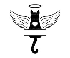 a black and white cat with angel wings holding a heart in its paws on top of a hook