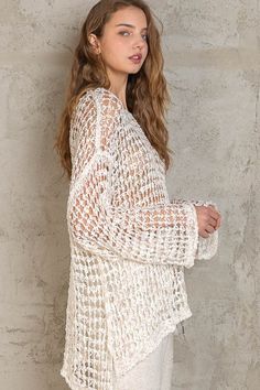 Throw on the Lucky in Love White Oversized Crochet Sweater for a cute and easy outfit! Off-white crochet shapes this oversized sweater with wide bell sleeves, a boat neckline, and a high-low hem. Pair with flare jeans for a boho look. DETAILS & CARE 55% Polyester, 45% Acrylic. Dry Clean or Machine wash cold. Imported. Oversized Crochet Sweater, White Crochet Sweater, Crochet Shapes, Sheer Cover Up, Boho Pink, Easy Outfit, Lucky In Love, Pink Boho, Boat Neckline