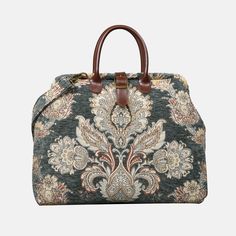 Baroque Garden Grey Carpet Handbag Purse – MCW CARPETBAGS Elegant Tapestry Bag With Leather Handles, Elegant Tapestry Bags For Everyday Use, Luxury Tapestry Satchel With Handles, Luxury Tapestry Tote Satchel, Luxury Tapestry Satchel Tote, Elegant Tapestry Shoulder Bag With Leather Handles, Luxury Tapestry Bags For Formal Occasions, Elegant Tapestry Shoulder Bag With Detachable Handle, Daily Use Tapestry Bags With Removable Pouch