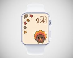 an apple watch with a cartoon turkey on it's face and the time displayed