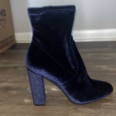 Unworn Blue Velvet Steve Madden Booties With Box. Size 8.5!! Blue Pointed Toe Boots For Formal Occasions, Formal Blue Pointed Toe Boots, Blue High Heeled Boots With Reinforced Heel, Blue High Heel Boots With Reinforced Heel, Blue High Heel Boots For Evening, Blue Pointed Toe Heeled Boots For Formal Occasions, Blue Pointed Toe Heels For Winter, Chic Blue High Ankle Heeled Boots, Blue Pointed Toe Boots With Reinforced Heel