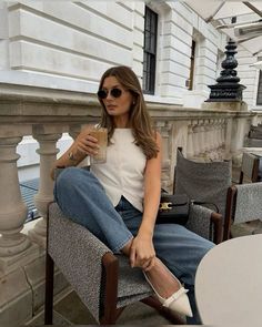 Channel timeless elegance with this summer outfit aesthetic. Featuring a chic white vest paired with straight leg denim, this look exudes an "old money" vibe, perfect for women who appreciate classic and refined style. Ideal for a classy yet relaxed summer day, this outfit showcases effortless sophistication.  #SummerOutfit #OldMoneyStyle #ElegantOutfit #ClassyWomen #WhiteVest #StraightLegDenim #TimelessFashion #SummerStyle #ChicOutfit #OutfitInspiration Ballet Flats Outfit, Classy Summer Outfits, Timeless Outfits, Flats Outfit, Paris Outfits, Elegante Casual, Casual Chic Outfit, After Hours, Looks Chic