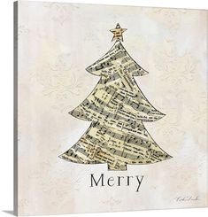 a christmas tree with music notes on it and the word merry written in black ink