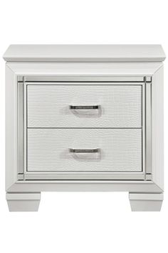 a white nightstand with two drawers and chrome handles