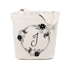 Personalized Monogram Floral Cotton Canvas Tote Bag - The Cotton and Canvas Co. Eco Friendly Handbags, Canvas Beach Tote, Floral Circle, Canvas Totes, Rose Quartz Bracelet, Personalized Tote Bags, Cute Tote Bags, Personalized Monogram, Beach Tote Bags