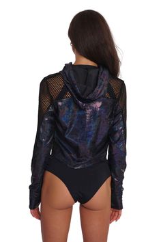 Whether you're headed to a festival, hitting the streets, or simply looking to upgrade your casual style, this crop mesh hoodie is your go-to choice. The cropped design adds a fun twist, and the combination of mesh and holographic velvet makes it a unique standout piece. Not to worry we've used a high quality, snag resistant mesh that's built for longevity so you can make this piece a permanent part of your rotation. Our fishnet hoodie is ideal for layering, and nights when you only need a light Casual Cropped Mesh Top, Spring Mesh Top For Streetwear, Spring Streetwear Mesh Top, Spring Crop Top With Mesh Back And Stretch, Spring Mesh Fishnet Crop Top, Stretch Mesh Edgy Crop Top, Edgy Stretch Mesh Crop Top, Stretch Cropped Hoodie For Spring, Spring Fishnet Mesh Crop Top