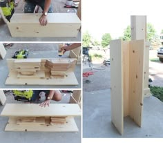 four pictures show how to make a diy bookcase out of plywood planks