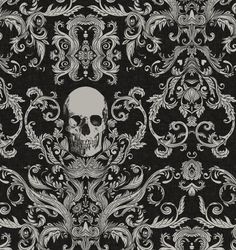 a black and white wallpaper with a skull in the center, surrounded by ornate scrolls