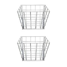 two metal baskets sitting next to each other on a white background, one is empty