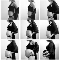 a pregnant woman is shown in six different poses, including the belly and her hands on her stomach