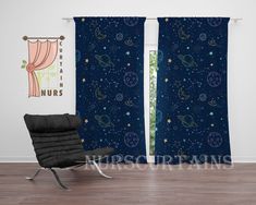 a chair sitting in front of a window covered in stars and planets on blue curtains