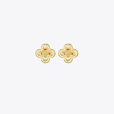 Delicate geometry. Graphic cutouts reinterpret the classic good luck charm on our Kira Clover Stacked Stud. Made for pierced ears. Tory Burch Kira, Safety Pin Earrings, Clover Earrings, Luck Charm, Luck Charms, Crystal Stud Earrings, Pierced Ears, Designer Jewelry, Designer Earrings