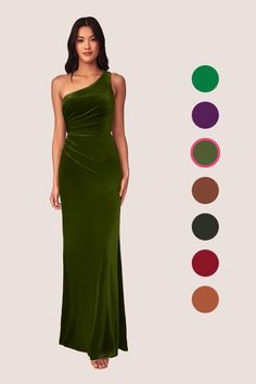 a woman in a long green dress with different color options for the colors on it