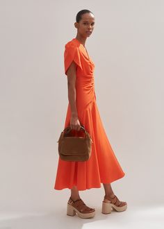 Chic Orange A-line Midi Dress, Ruched Summer Office Dress, Elegant Orange Midi Dress For Evening, Elegant Orange Midi Evening Dress, Spring Office Midi Dress With Ruched Detail, Orange Formal Midi Dress For Summer, Orange Formal Summer Midi Dress, Formal Orange Summer Midi Dress, Elegant Orange Ruched Midi Dress