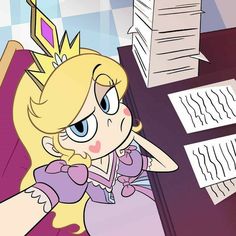 a cartoon character sitting at a desk with papers on it