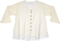 This one-sized wide cloak-like tunic top is made from lightweight and breathable cotton voile in two layers.  The top features wood-like buttons running down the front, adding a rustic and natural touch. #tlb #Solid #vacationclothing #VacationShirt Bohemian Cream Tops With Buttons, Bohemian Cream Top With Buttons, Casual Cotton Tunic For Layering, White Tops With Buttons For Layering, Bohemian Cotton Blouse For Layering, Cotton Lagenlook Top With Buttons, Cotton Tunic Tops For Layering, Lagenlook Blouse For Layering With Relaxed Fit, Lagenlook Layering Blouse With Relaxed Fit