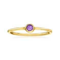 Ross-Simons - Amethyst-Accented Ring in 14kt Yellow Gold. Size 8. RS Pure. Modern designs that complete your outfit and complement your personality. Incorporate a dash of color into your stack with this dainty ring. Stationed on a simple 14kt yellow gold band, an amethyst accent proves that purple is an everyday hue. 1/8" wide. Amethyst-accented ring. Amethyst birthstones are the perfect gift for February birthdays. Accented Ring, Amethyst Birthstone, Amethyst Ring Engagement, February Birthday, Fine Jewelery, Dainty Ring, Gold Band, Gold Bands, Jewelry Rings