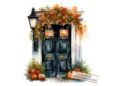 a watercolor painting of an entrance to a building with pumpkins on the ground