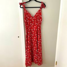 Nwt Zara Midi Dress, Never Worn Except To Try On Tie-Sleeves ***Sold From A Home With A Large Dog, May Have A Stray Dog Hair On It ***Smoke-Free Home Red V-neck Midi Sundress, Casual Midi Length Holiday Dress, Red A-line Midi Dress For Brunch, Red Sundress Midi Dress For Brunch, Red Sundress For Brunch, Casual Midi Dress For Holiday, Red Floral Print Sundress For Casual Wear, Holiday Red Floral Print Midi Dress, Red Midi Dress For Holiday