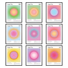 nine different colored circles with the names and numbers in each one, all on separate squares