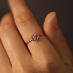 JSVConcepts Fine Jewelry Amethyst and Diamonds Flower Ring, Vintage Style Gemstone Diamond Ring, Minimalist Ring, Floral Ring, Gifts for Her ≫ Product Details ◈ Handmade / Handcrafted Fine Jewelry ◈ Stone: 100% Natural Diamond, 100% Natural Amethyst ◈ Carat Weight: 1.20mm diamonds x 6 pcs (.009 ct x 6 pcs = .054 CTW), 3mm Amethyst ◈ Ring Height: 3.50mm ◈ Ring Thickness: 1.20mm ◈ Flower Size: 7.45mm x 6.65mm ◈ Color: F-G ◈ Clarity: VS2-SI1 ◈ Cut: Brilliant Cut ◈ Weight: approximately 1.2g ◈ Metal Dainty Amethyst Ring With Accent Stones, Dainty Gemstone Cluster Ring, Dainty Amethyst Wedding Ring With Prong Setting, Dainty Amethyst Wedding Ring, Minimalist Amethyst Birthstone Ring For Wedding, Elegant Purple Flower Ring, Elegant Purple Flower Wedding Ring, Elegant Flower Shaped Birthstone Ring With Gemstone, Delicate Amethyst Ring For Anniversary