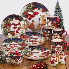 a christmas themed dinner set on a table