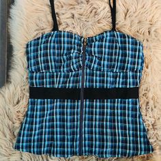 Adorable Blue Plaid Top. Zipper Front. Adjustable Straps. Wear To Lounge Around Or With A Skirt, Pants Or Jeans, Sz L Nwt 22” Length 15 1/2” Armpit To Armpit Spring Top With Adjustable Straps And Underbust Shape, Cotton Underbust Tops For Summer, Spring Underbust Top With Adjustable Straps, Chic Blue Camisole With Built-in Bra, Chic Blue Camisole With Straps, Blue Camisole With Built-in Bra And Tank Straps, Blue Sleeveless Strappy Top, Blue Sleeveless Camisole With Built-in Bra, Blue Fitted Camisole With Tank Straps