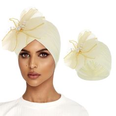 PRICES MAY VARY. Material: this African big flower pearl turban hat is made of high quality polyester fibre, decorated with large flowers inlaid with pearls, bright colours, the fabric is soft and comfortable, breathable, wear it in spring and fall, and block the wind in winter. Size: muslim pre-tied beanie headwrap fits most people's head circumference, pleated design is easy to wear, you can keep your hairstyle, comfortable to wear without tightness, not easy to fade and deform. Applicable Occ Elegant Beach Headwrap, Elegant One Size Turban For Beach, Elegant One Size Beach Turban, Elegant One-size Beach Turban, Elegant Summer Headwrap Hat, Summer Wedding Headwrap, Elegant White Summer Turban, Adjustable Cream Headwrap, Floral Bandana