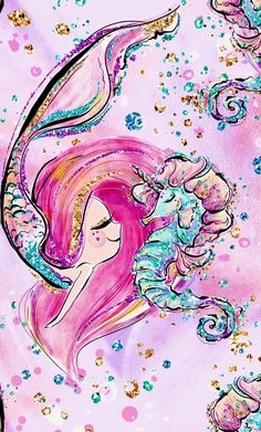 a painting of a mermaid with pink hair and gold glitters on it's face