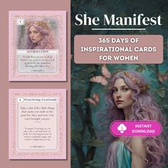 the front and back cover of she manfist's card game, which features an image of a woman with pink hair