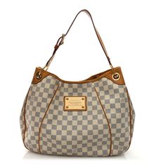 This is an authentic LOUIS VUITTON Damier Azur Galliera PM. This hobo style handbag is crafted of Louis Vuitton's signature Damier canvas in blue and white. It features a vachetta cowhide leather adjustable looping shoulder strap, pipingtrim, and polished brass hardware. The top opensto a beige microfiber interior with patch pockets. Luxury Coated Canvas Hobo Shoulder Bag, Luxury Coated Canvas Hobo Bag With Top Handle, Luxury Hobo Bag With Leather Handles, Luxury Coated Canvas Hobo Bag With Leather Handles, Luxury Hobo Bag With Leather Handles And Coated Canvas, Designer Shoulder Bag With Palladium Hardware In Coated Canvas, Luxury Beige Hobo Bag With Dust Bag, Elegant Coated Canvas Hobo Bag For Travel, White Monogram Canvas Bag For Formal Occasions