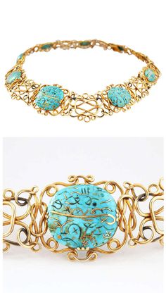 Very rare and unusual Art Nouveau necklace from the 1900s mounted with 9 antique Iranian turquoise pieces, which are inlaid with Arabic symbols in gold. Hallmarked. Formal Turquoise Engraved Jewelry, Ceremonial Gold Art Nouveau Jewelry, Gold Art Nouveau Necklace With Intricate Design, Art Nouveau Gold Necklace With Intricate Design, Collectible Brass Jewelry With Intricate Design, Collectible Intricate Brass Jewelry, Traditional Gold Cabochon Necklaces, Antique Blue Jewelry With Patina, Antique Blue Jewelry For Ceremonial Occasions