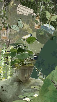 an altered photograph of a potted plant in the middle of a garden with butterflies flying overhead