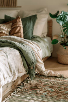 a bed with pillows and blankets on top of it next to a potted plant