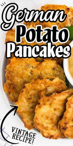 an advertisement for german potato pancakes on a plate