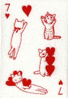 the playing cards have hearts and cats on them