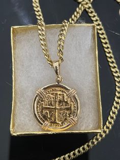 "Beautiful coin necklace 14k solid atocha gold coin pendant with 22\" long 10k gold chain" 14k Gold Coin Jewelry Stamped 14k, Gold Coin Jewelry Stamped 14k, Gold-plated Coin Necklace Stamped 14k, Gold Plated Coin Necklaces Stamped 14k, Gold Plated Coin Necklace Stamped 14k, Gold-plated Coin-shaped Jewelry With Gold Chain, Gold Coin Necklace Collectible, Gold-plated Coin Jewelry, Gold Plated Coin Jewelry With Gold Chain