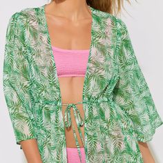 3/4 Length Sleeves - W/ Nice Wider Flare Tie Front, Slits At Bottom Great Tropical Leaf/Palm Tree Print! Green Is A Little Darker In Person Vs Stock Pic S/M Approx 18” Pit To Pit Length 53-54” L/Xl 22” Pit To Pit Prettier In Person - Has A Gauze Feel Other Colors/Styles Available In My Closet Bundle And Save Green Half-sleeve Top For Vacation, Green Half Sleeve Top For Vacation, Green Half Sleeve Tops For The Beach, Green Half Sleeve Tops For Vacation, Green Open Front Top For Beach, Crochet Kimono, White Lace Romper, Navy Blue Flowers, T Dress