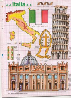 a cross stitch pattern with the leaning tower of pisa and other buildings in italy on it