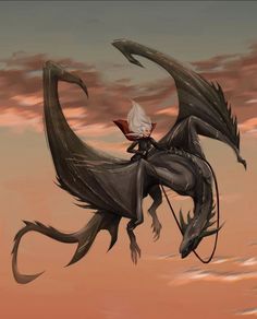 a cartoon character riding on the back of a black dragon with white hair and tail