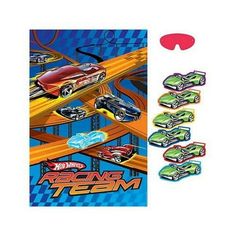 hot wheels racing team magnets are shown in front of an image of the track