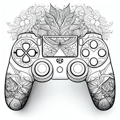 a black and white drawing of a video game controller with floral designs on the front