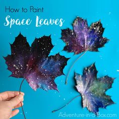 two leaves with the words how to paint space leaves on them, in front of a blue background