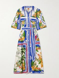 The vibrancy and easy elegance of Farm Rio's collections make them perfect for vacations. This 'Tropical Destination' dress is cut from naturally breathable linen-blend and intricately printed with a design created by the dedicated in-house team. Adjust the belted waist to find your most comfortable fit. Summer Vacation Floral Print Shirt Dress, Summer Vacation Shirt Dress With Floral Print, Fitted Summer Shirt Dress For Vacation, Fitted Shirt Dress For Summer Vacation, Fitted Shirt Dress For The Beach, Vacation Floral Print Midi Shirt Dress, Multicolor Midi Shirt Dress For Vacation, Multicolor Midi Length Shirt Dress For Vacation, Floral Print Midi Shirt Dress For Beach