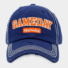 "Whether you're watching the game or playing it, this blue baseball cap is the ideal accessory. The cap has an orange and white patch on the front that says \"GAMEDAY #gameday\", letting everyone know you're ready for some action. The cap has a curved brim with white stitching and an adjustable strap with a metal buckle on the back for a snug fit. Tags: Game Day, Game Day Hat, Baseball Game, Sports Hat, Embroidered Cap" Blue Baseball Cap, Vintage Baseball Cap, Vintage Baseball Caps, White Patches, Vintage Cap, Sport Hat, Embroidered Caps, Vintage Baseball, Football Mom