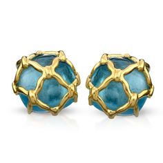 Set into 18k yellow gold, these beautiful blue topaz earrings have an intricate net covering design. Available in clips or posts. Handmade in America.Measure ⅞" in diameter. Luxury Earrings, Buy Earrings, Diamond Jewelry Designs, Blue Topaz Earrings, Silver Frames, Gold Monogram, Shell Bracelet, Topaz Earrings, Fine Jewelry Collection