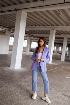 Made in Italy Chic, lilac, long sleeve blazer with lining and has a looser/flowy fit-structure. The perfect pop of color to add to your Spring and Summer wardrobe and pairs well with any bottoms including our matching Lilac Bila Pants! Matching set: Lilac Bila pants Our model wears Lilac Bila Pants , Beige Neda Top and Ecru Yael Bodysuit Sizes: S / M / L S: Length 27.17 in - Width 18.50 in M: Length 27.56 in - Width 19.29 inL: Length 27.95 in - Width 20.08 in Contexture: 100% polyester Washing: Lilac Bodysuit Outfit, Trendy Summer Business Casual Outerwear, Elegant Lavender Outerwear For Spring, Spring Business Casual Long Sleeve Blazer, Long Sleeve Business Casual Blazer For Spring, Business Casual Long Sleeve Blazer For Spring, Spring Purple Outerwear For Work, Chic Purple Outerwear For Spring, Chic Purple Outerwear For Work