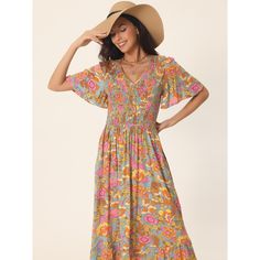 A floral maxi dress featuring a round neckline, short sleeves, and a shirred waist with a flowy silhouette. The semi-loose cut of this dress paired will quickly make this dress a favorite! This color is 100% Rayon, for a better dress experience, suggest ironing it low before wearing it! Enjoy all of the compliments in this bohemian maxi dress! Great for casual, work, beach, date, party, honeymoon, holiday, family gatherings and photoshoots, etc. Casual Billowy Floral Print Maxi Dress, Casual Billowy Maxi Dress With Floral Print, Casual Flowy Maxi Dress With Elastic Waistband, Summer Billowy Floral Print Midi Dress, Billowy Floral Print Midi Dress For Summer, Multicolor Smocked Bodice Short Sleeve Dress, Beach Maxi Dress With Smocked Bodice And Flutter Sleeves, Summer Maxi Dress With Flutter Sleeve And Smocked Back, Multicolor Maxi Dress With Elastic Waistband For Summer